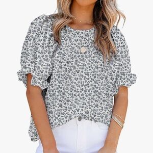 Black and White Ruffled Puff Sleeve Blouse